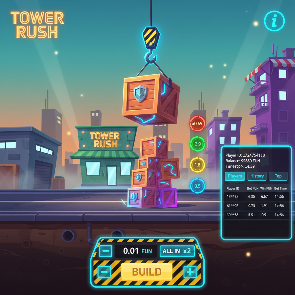 Tower Rush Slot von Galaxsys - futuristischer Turm mit leuchtenden Neon-Etagen und steigenden Multiplikatoren in cyberpunk Atmosphäre